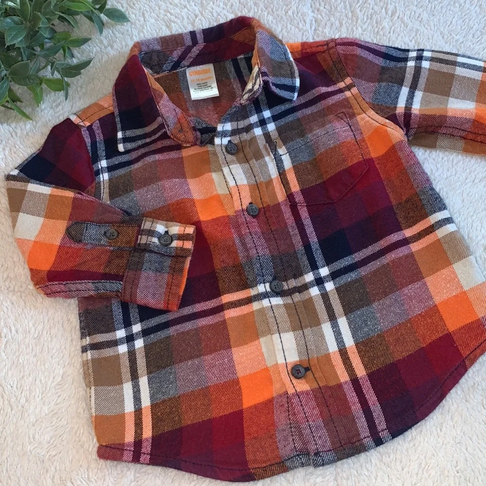 Gymboree Orange Plaid Flannel Shirt 12-18M EUC Baby Boy